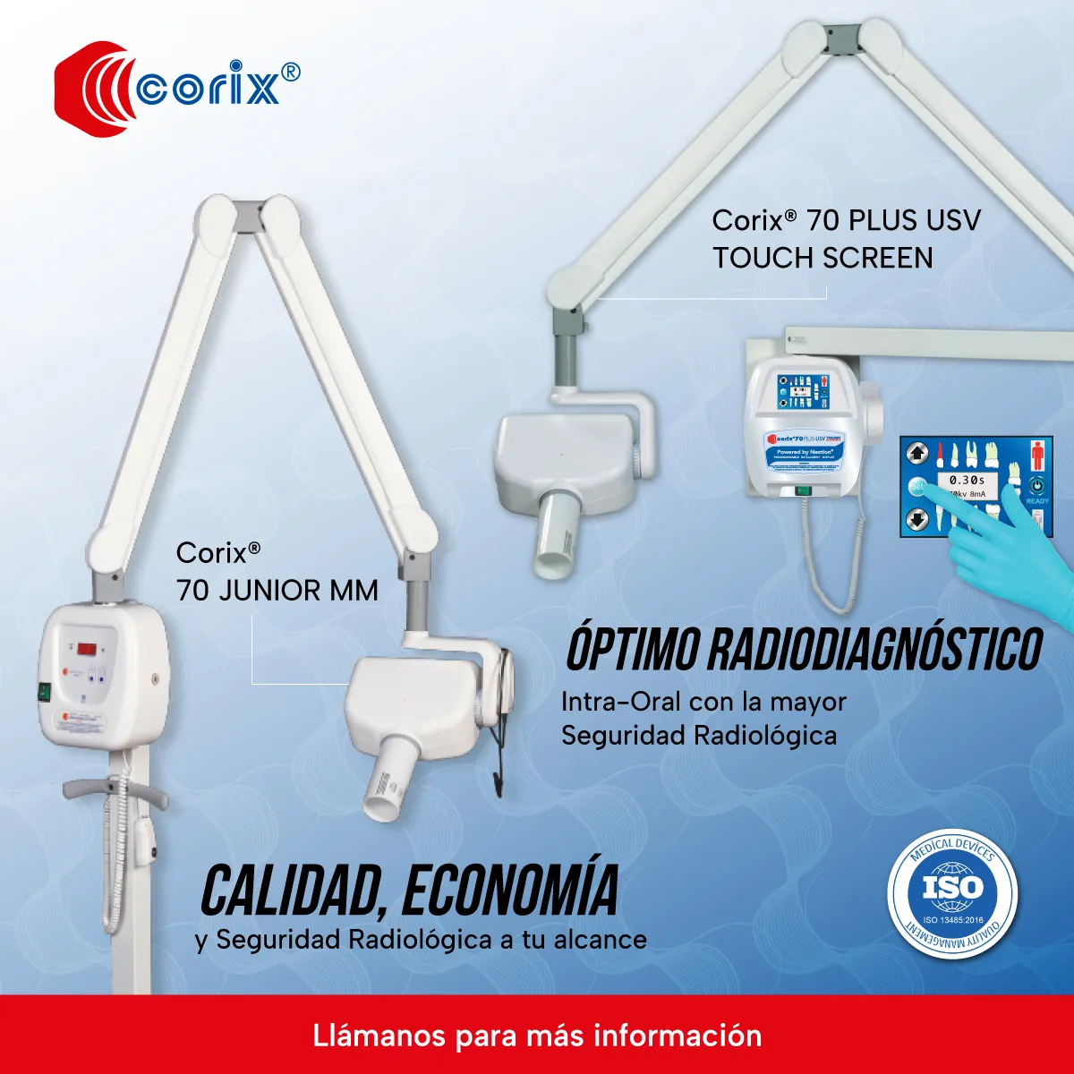 Equipo Corix ilustrado con ventajas competitivas y certificaciones, demostrando cómo elegir el mejor equipo de rayos X dental seguro.
